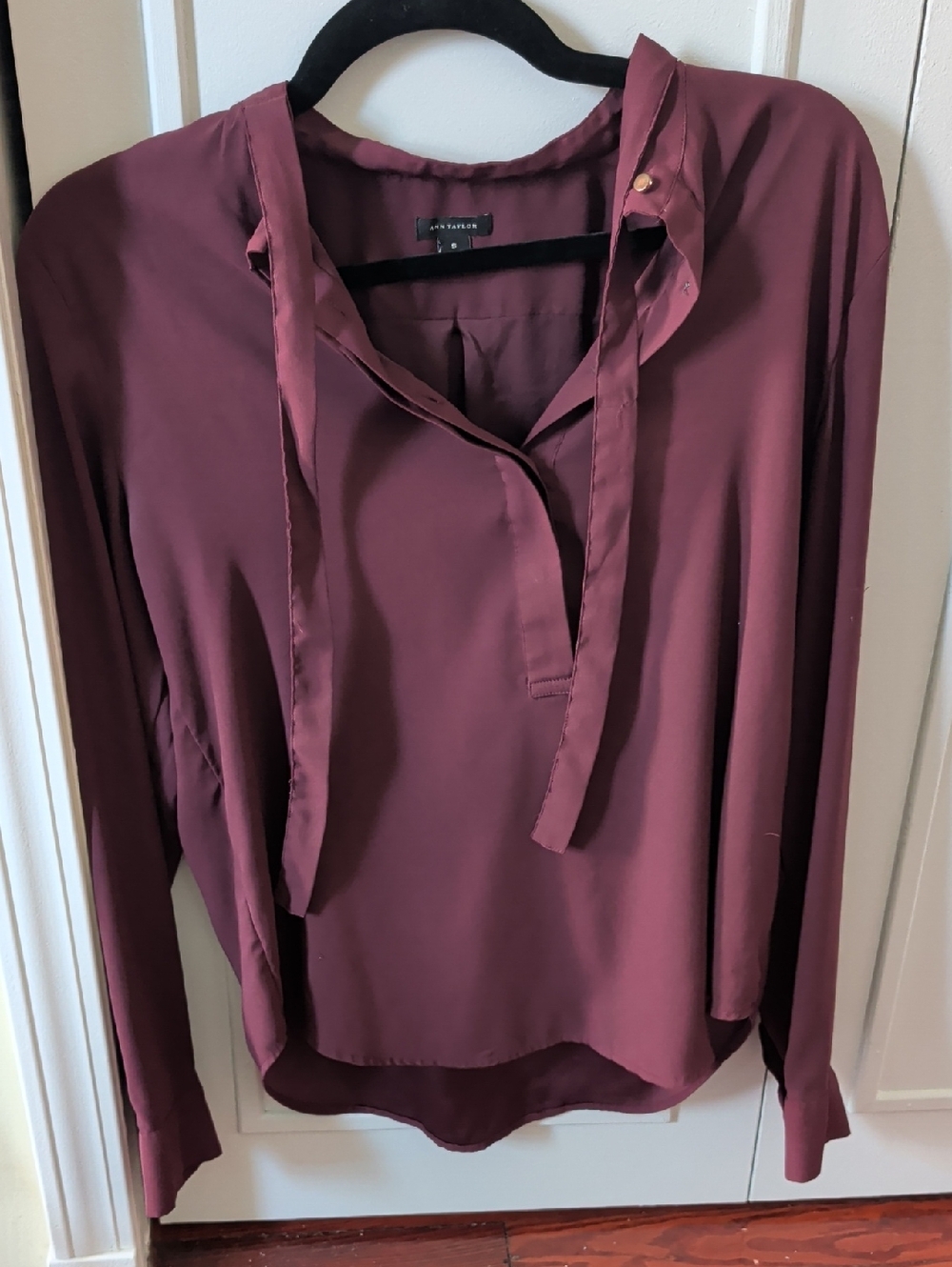 Ann Taylor Tie-Neck Long Sleeve Blouse - Burgundy Plum
